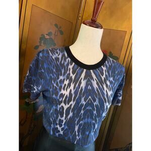 Vintage t-shirt with leopard print in blue merino wool, Y2K style, size M